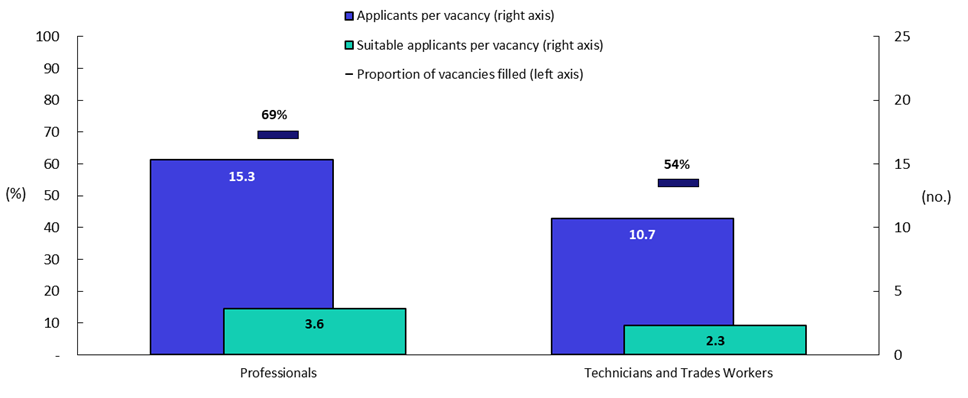 Professionals - 69% vacancies filled, 15.3 applicants per vacancy, 3.6 suitable applicants per vacancy. Technicians and trades workers - 54% vacancies filled, 10.7 applicants per vacancy, 2.3 suitable applicants per vacancy.